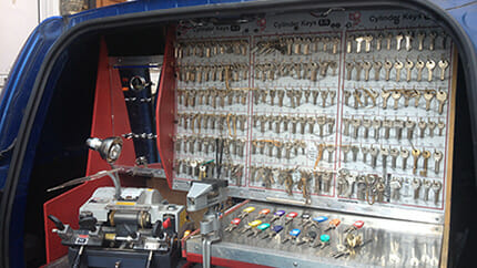Our Mobile Locksmiths can cut keys on site Van full of locksmith key cutting equipment