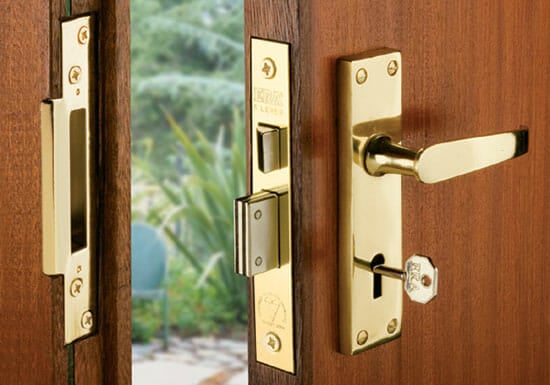 A lever operated mortice sashlock on wooden door